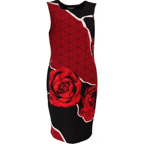 Picadilly Red & Black Rose Print Sheath Dress size M - Picture 1 of 16